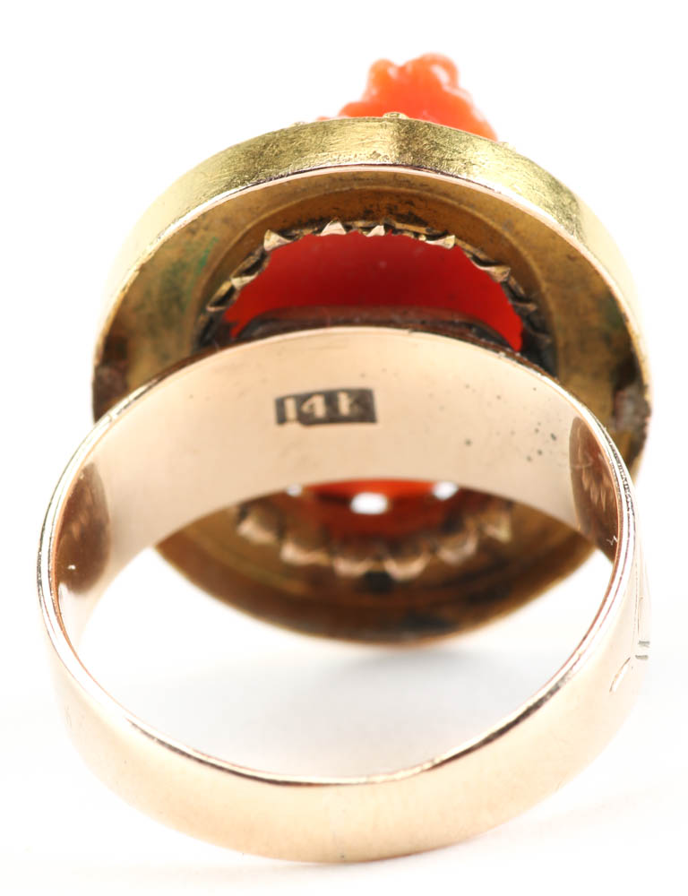 Victorian Coral Cameo Ring with 14K Yellow Gold Band