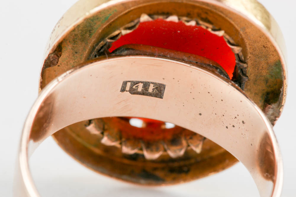 Victorian Coral Cameo Ring with 14K Yellow Gold Band