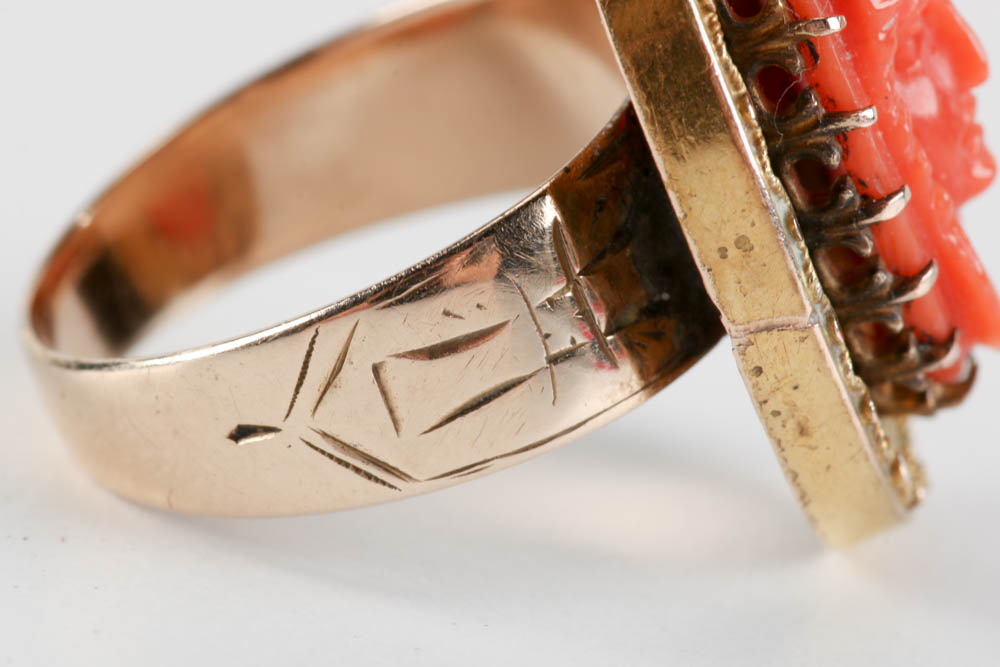 Victorian Coral Cameo Ring with 14K Yellow Gold Band