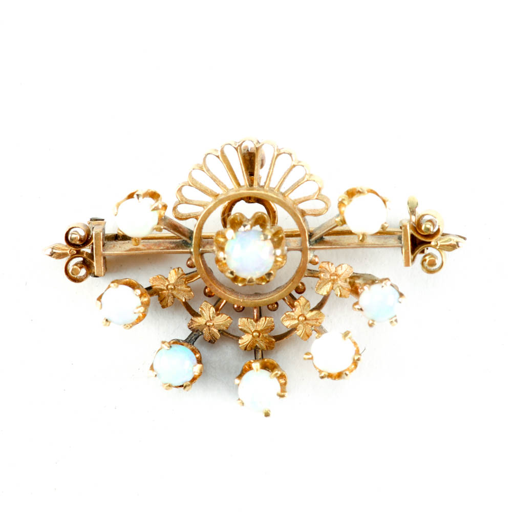 Antique 14K Yellow Gold Filigree Pin with Opals