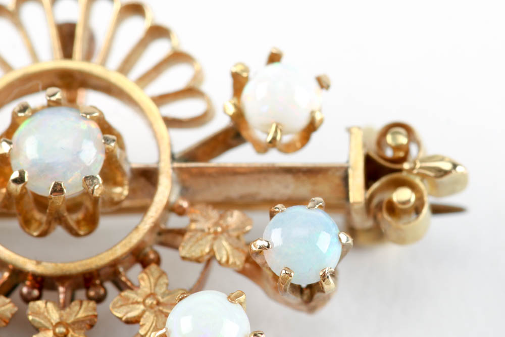 Antique 14K Yellow Gold Filigree Pin with Opals