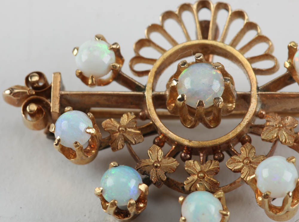 Antique 14K Yellow Gold Filigree Pin with Opals