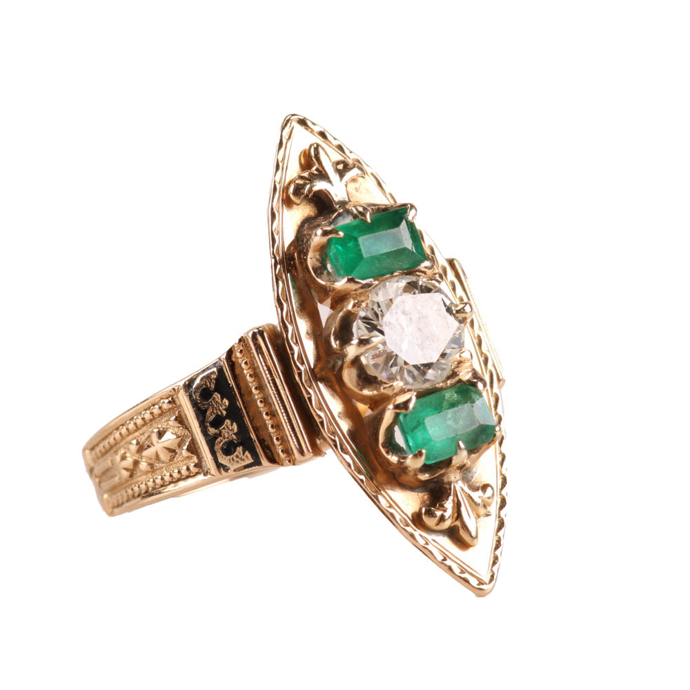 14K Yellow Gold Victorian Style Ring with Diamond and Emeralds