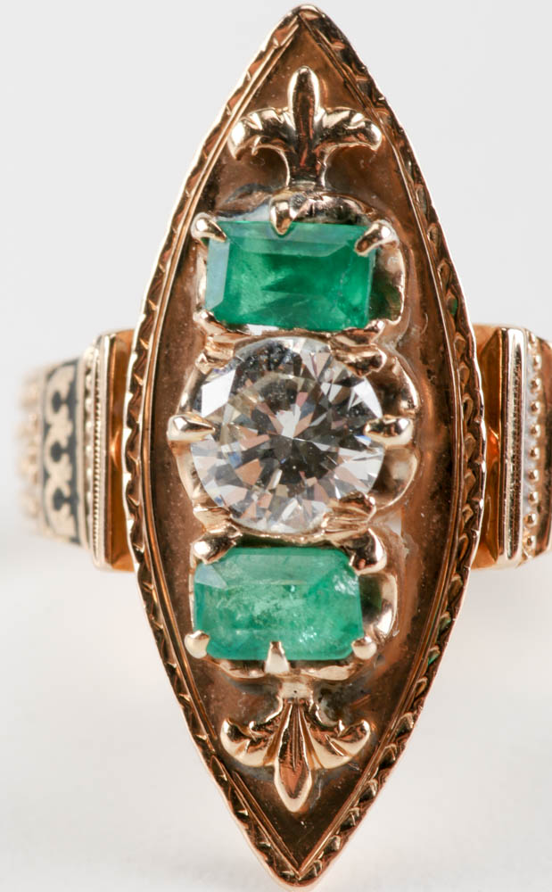 14K Yellow Gold Victorian Style Ring with Diamond and Emeralds