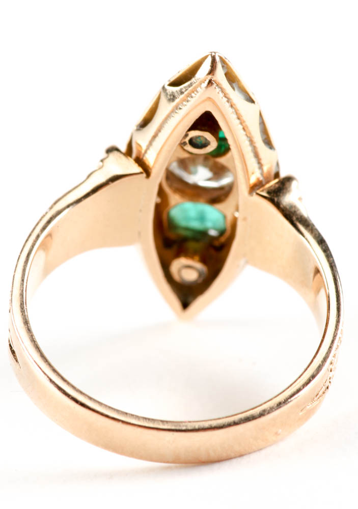 14K Yellow Gold Victorian Style Ring with Diamond and Emeralds