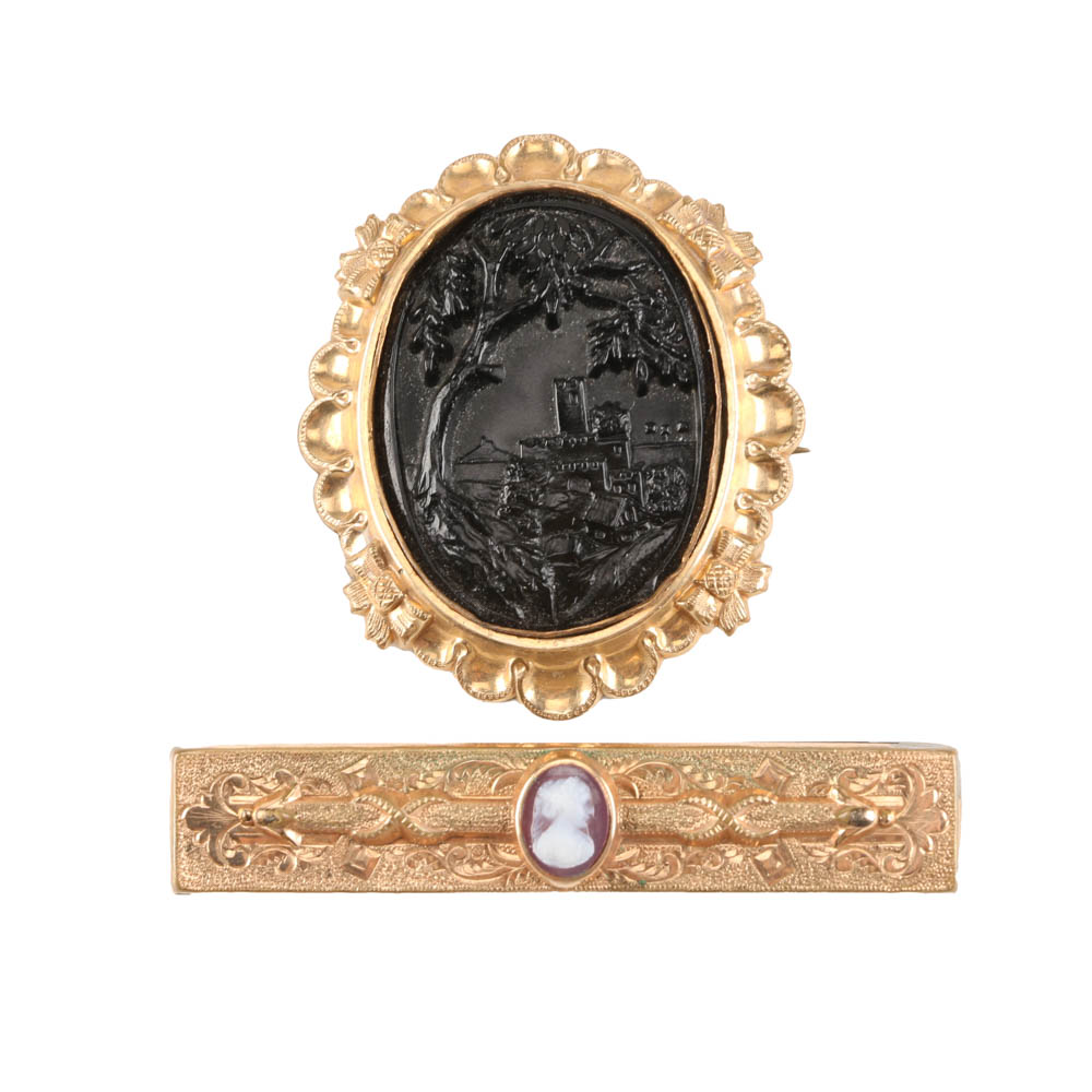 Antique Victorian Gold Filled Brooch and Bar Pin with Cameo