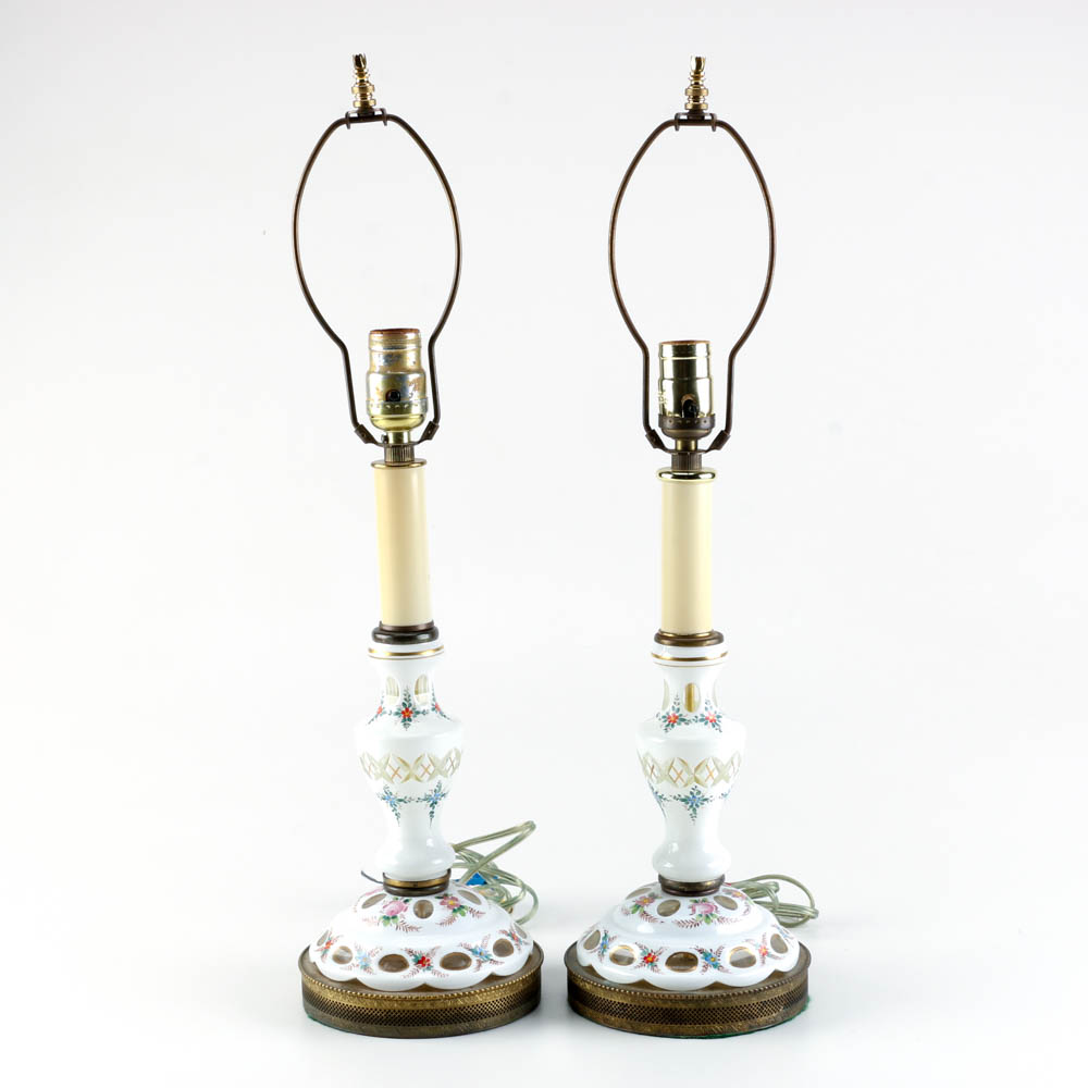 Pair of White Bohemian Glass Lamps