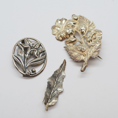 Three Sterling Silver Floral and Foliate Brooches