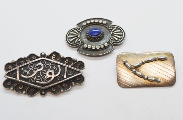 Three Sterling Silver and 800 Silver Brooches
