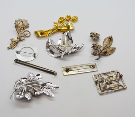 Nine Vintage Sterling Silver Brooches