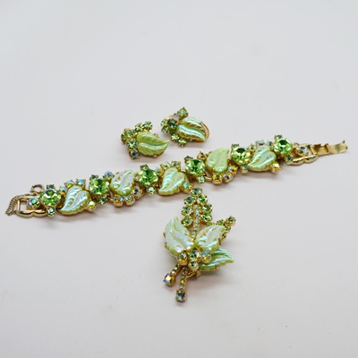 Vintage Gold Tone Rhinestone Bracelet, Brooch and Clip-On Earring Set