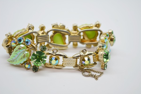 Vintage Gold Tone Rhinestone Bracelet, Brooch and Clip-On Earring Set