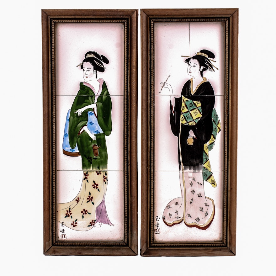 Pair of Signed Vintage Hand Painted Japanese Tiles