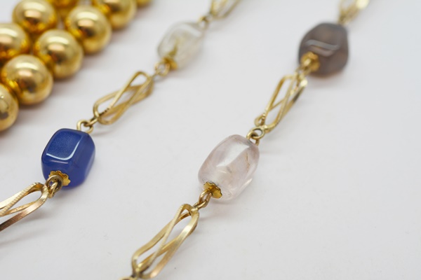 Circa 1940 Two Strand Gold Filled Bead Necklace and Gold Filled Gemstone Necklace