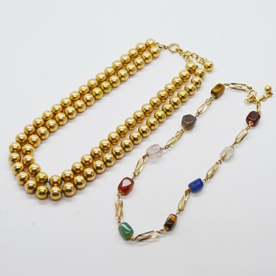 Circa 1940 Two Strand Gold Filled Bead Necklace and Gold Filled Gemstone Necklace