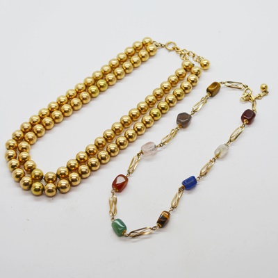 Circa 1940 Two Strand Gold Filled Bead Necklace and Gold Filled Gemstone Necklace