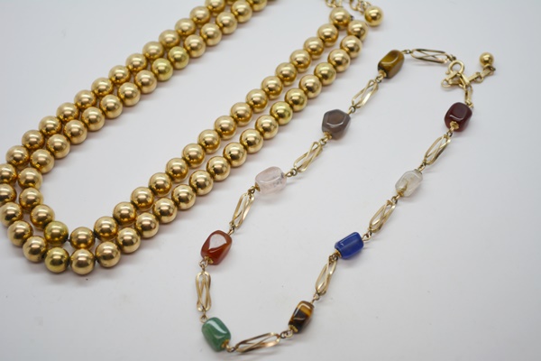 Circa 1940 Two Strand Gold Filled Bead Necklace and Gold Filled Gemstone Necklace