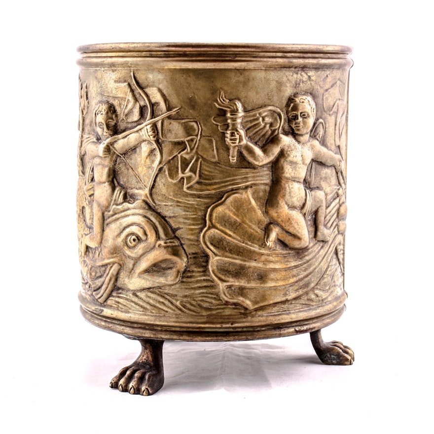19th Century Hand Embossed Baroque Style Belgium Copper Ash Bucket