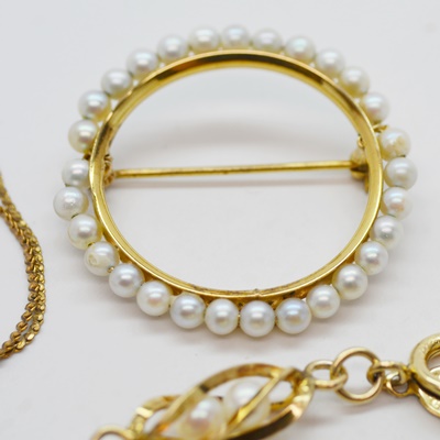 12K - 14K Gold Filled Saltwater Pearl Bracelet, Wreath Brooch and Necklace