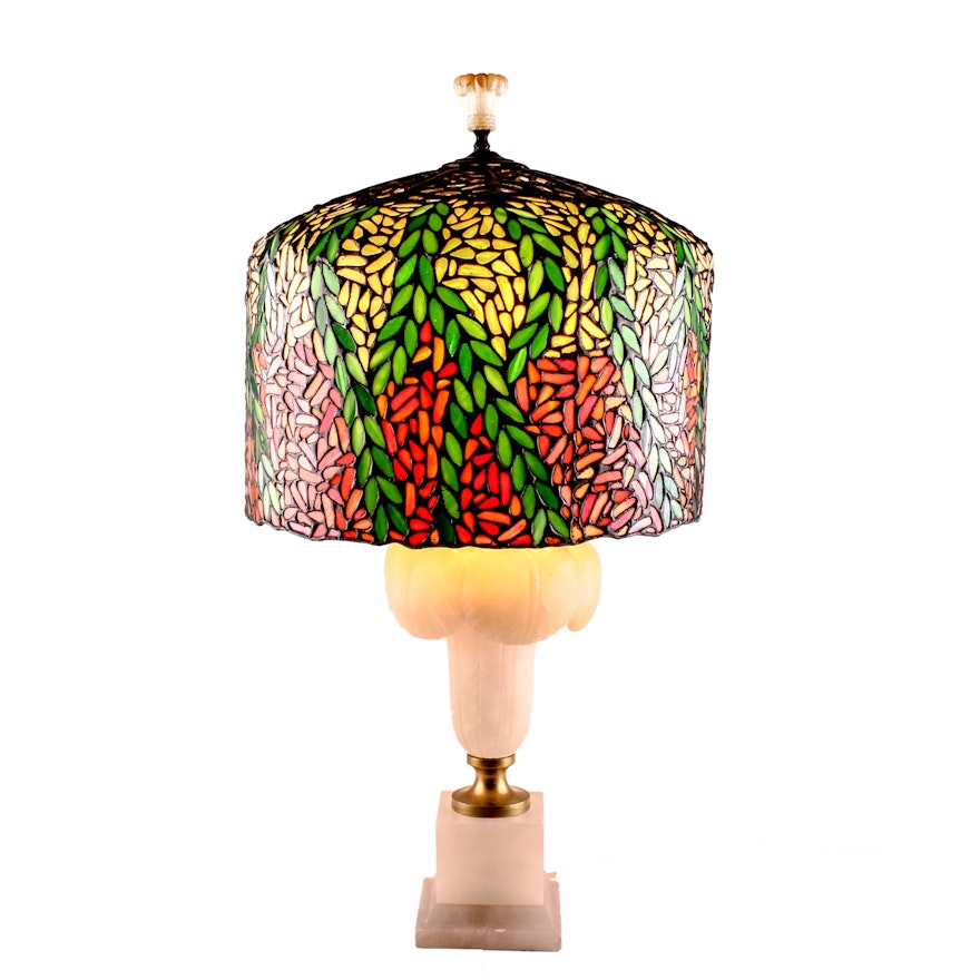 Large Italian Art Nouveau Alabaster Lamp with Slag Glass Mosaic Shade