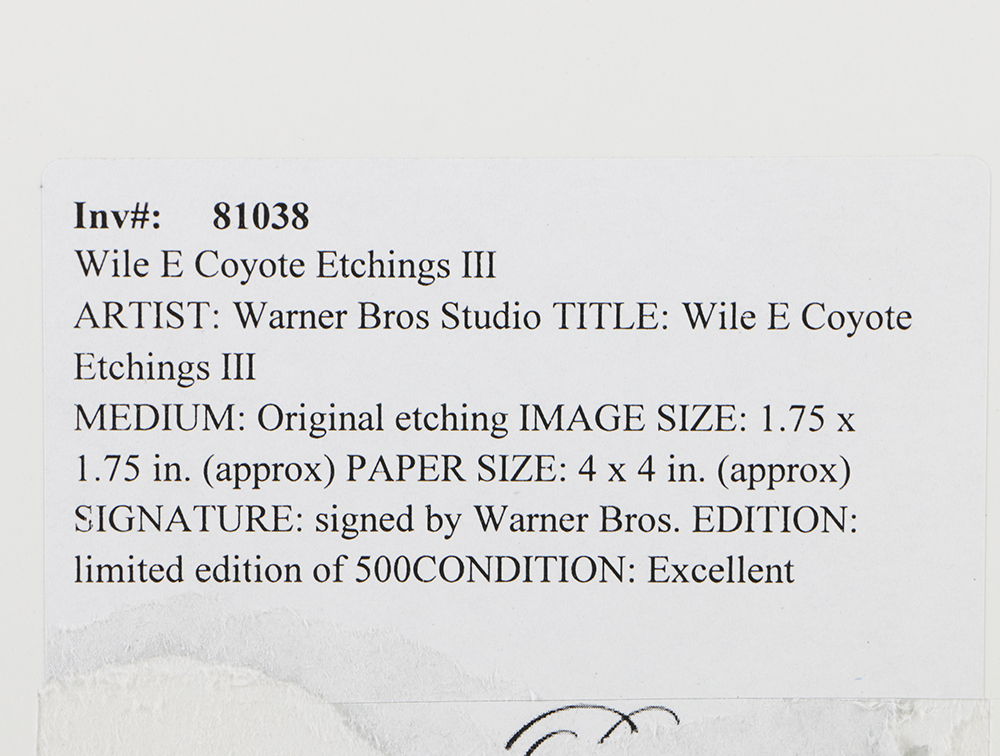 Warner Bros Studio Limited Edition Etching on Paper "Wile E. Coyote Etchings III"