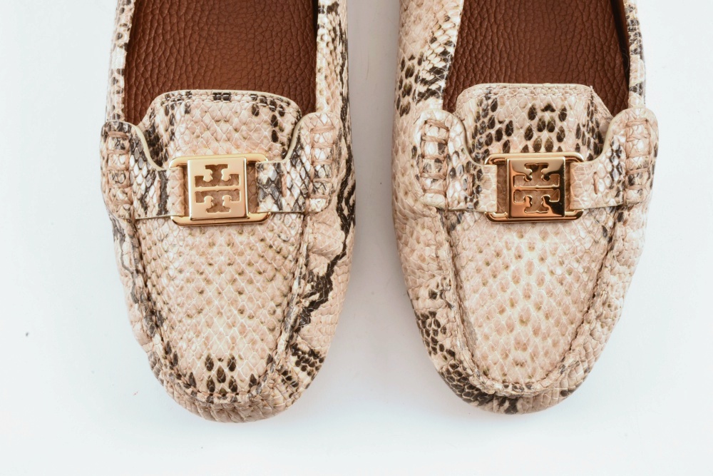 Tory Burch Python Printed Leather Driving Moccasins, New