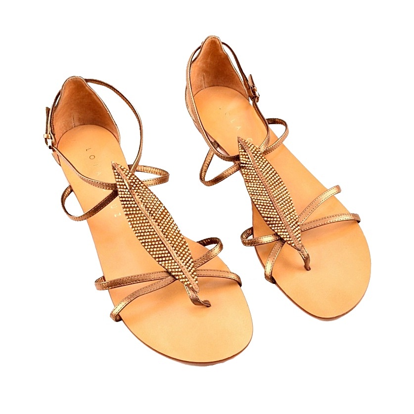 Lola Cruz Bronze Sandals with Rhinestone Leaf