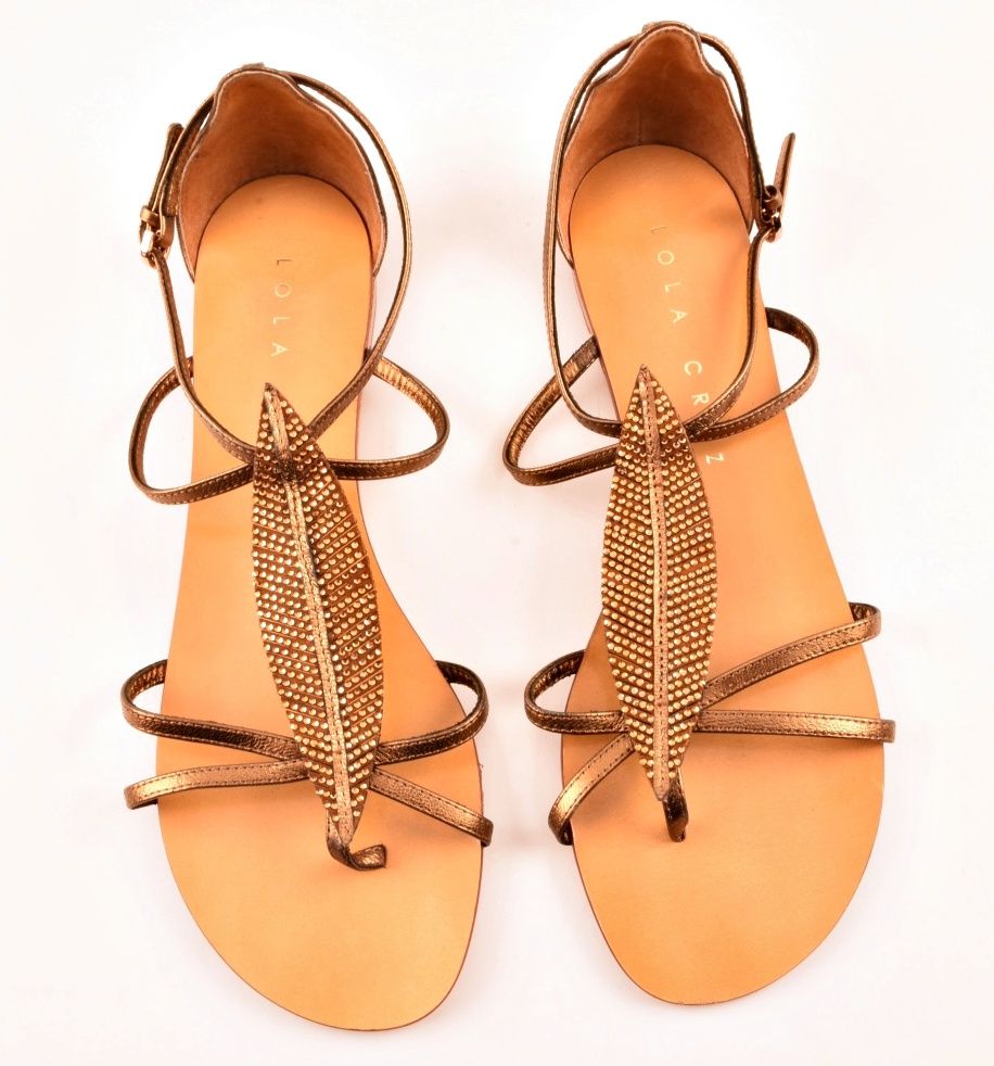 Lola Cruz Bronze Sandals with Rhinestone Leaf