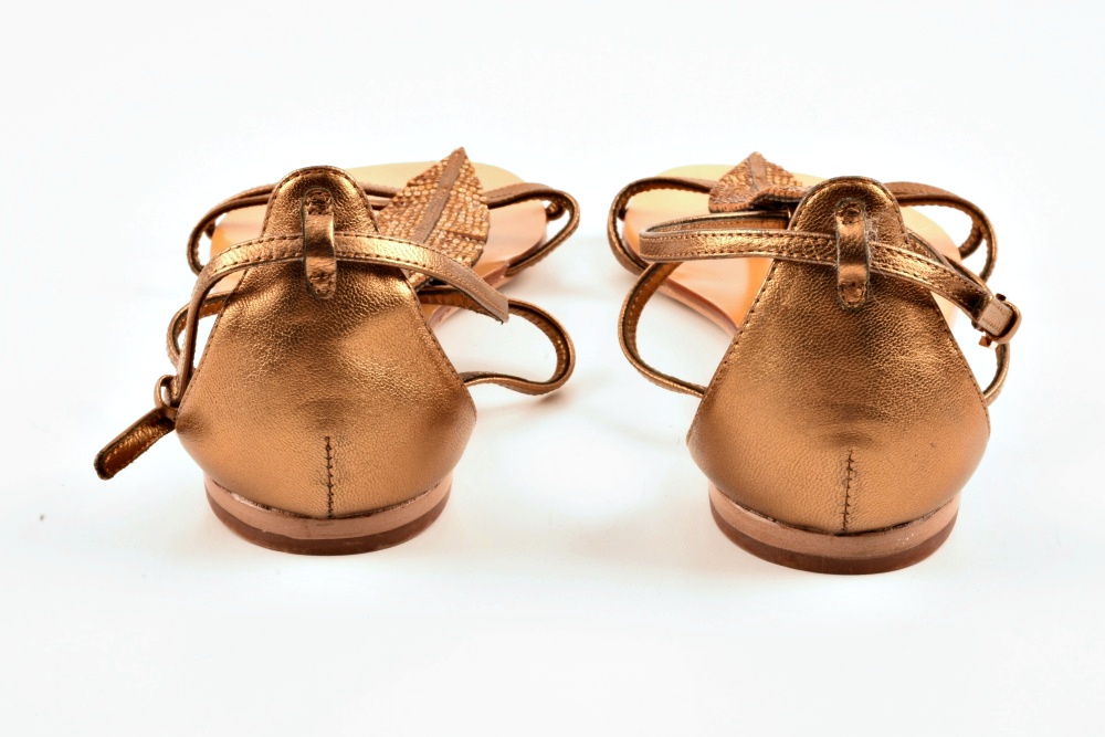 Lola Cruz Bronze Sandals with Rhinestone Leaf