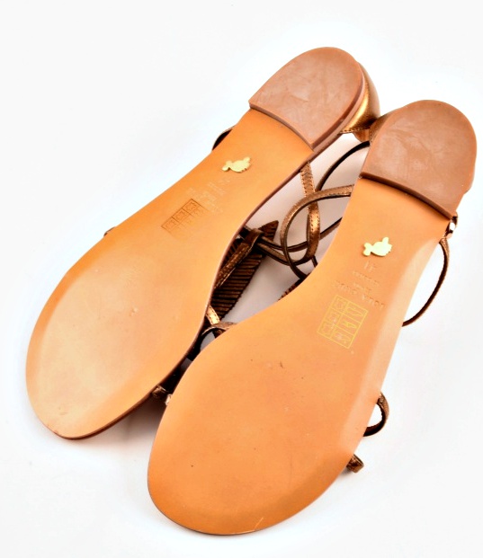 Lola Cruz Bronze Sandals with Rhinestone Leaf