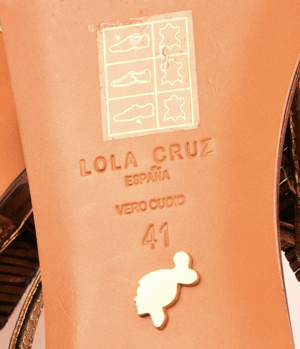 Lola Cruz Bronze Sandals with Rhinestone Leaf