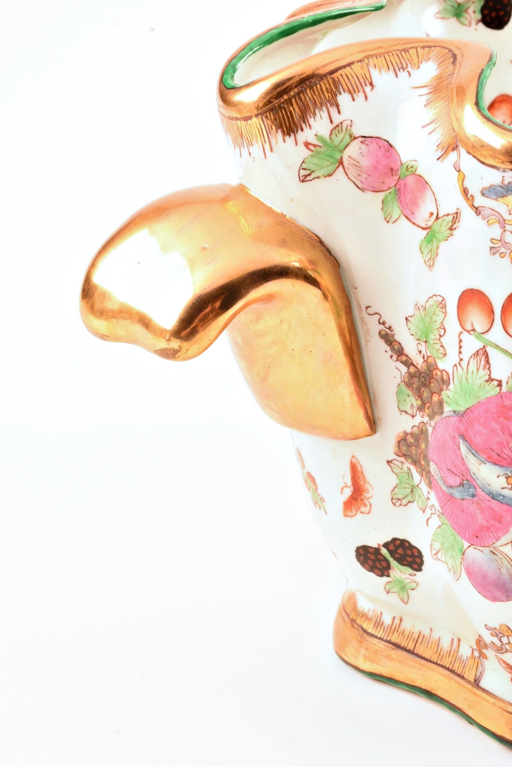 Hand Painted Chinese Cache Pot With Gold Scalloped Rim