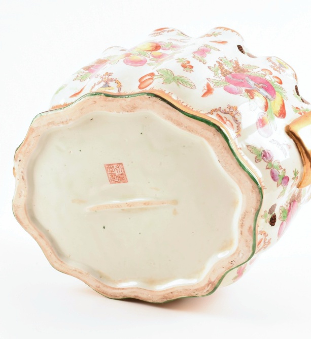 Hand Painted Chinese Cache Pot With Gold Scalloped Rim