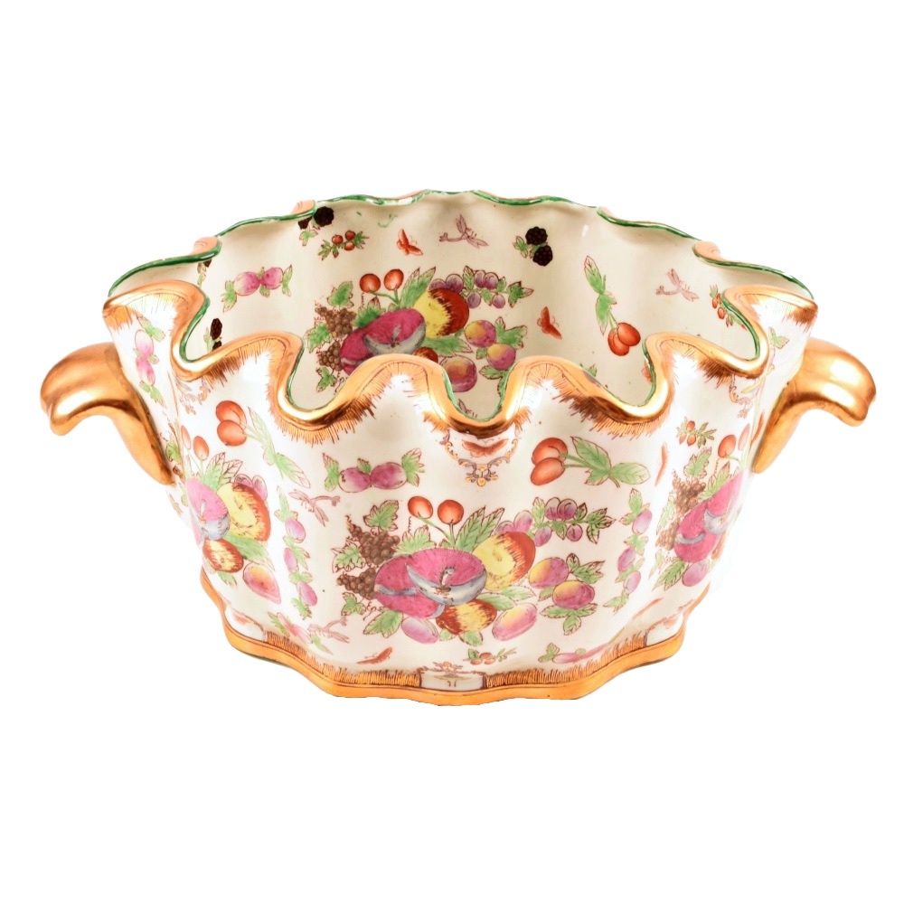 Hand Painted Chinese Cache Pot With Gold Scalloped Rim