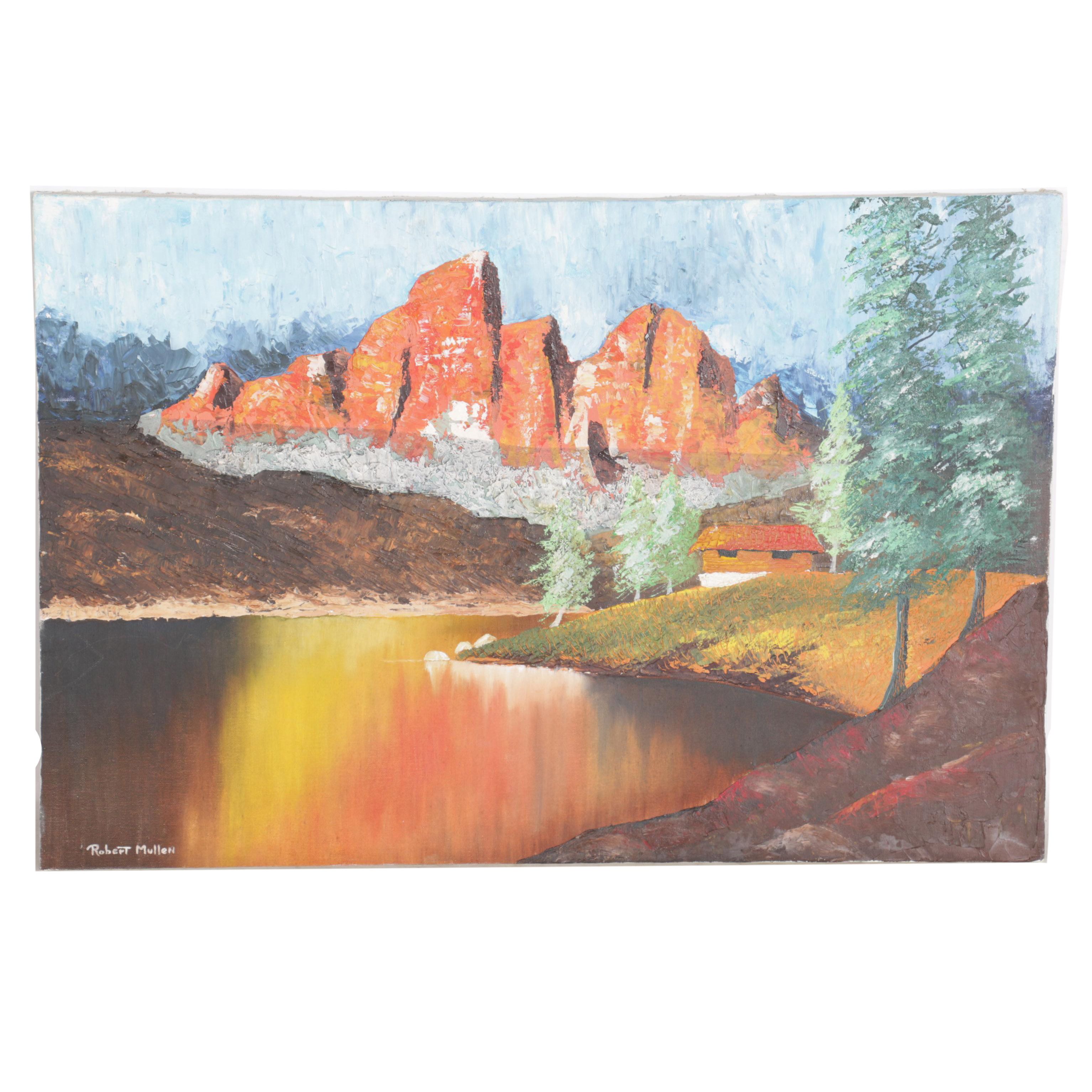 Robert Mullen Oil on Canvas Landscape of Mountain Cabin