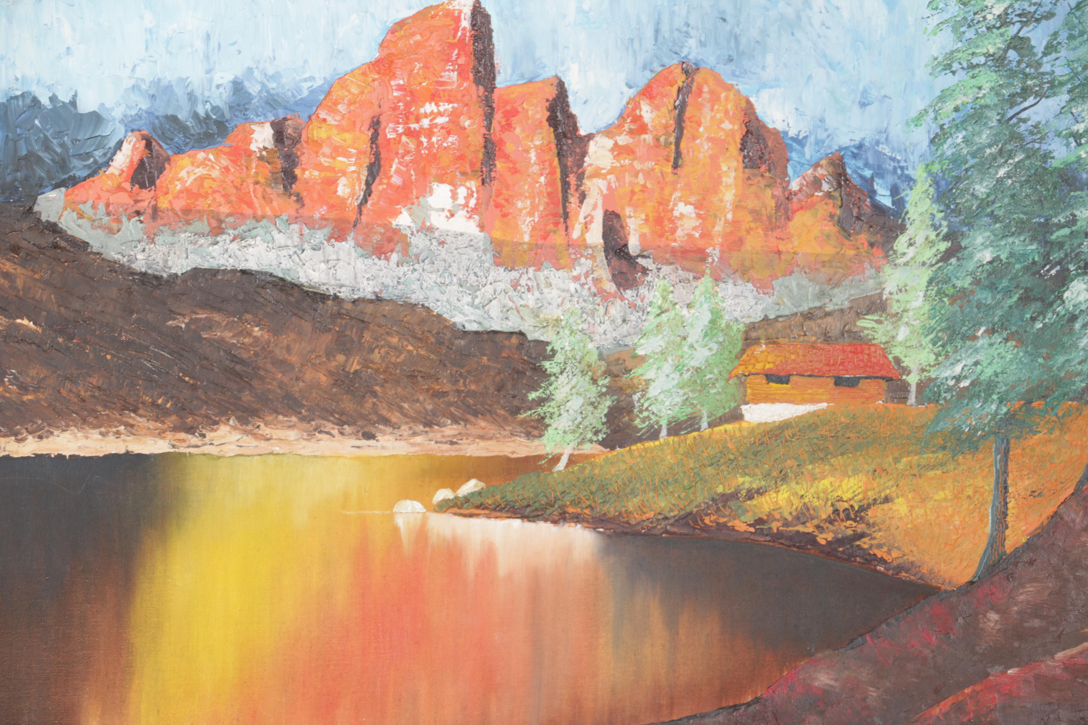 Robert Mullen Oil on Canvas Landscape of Mountain Cabin