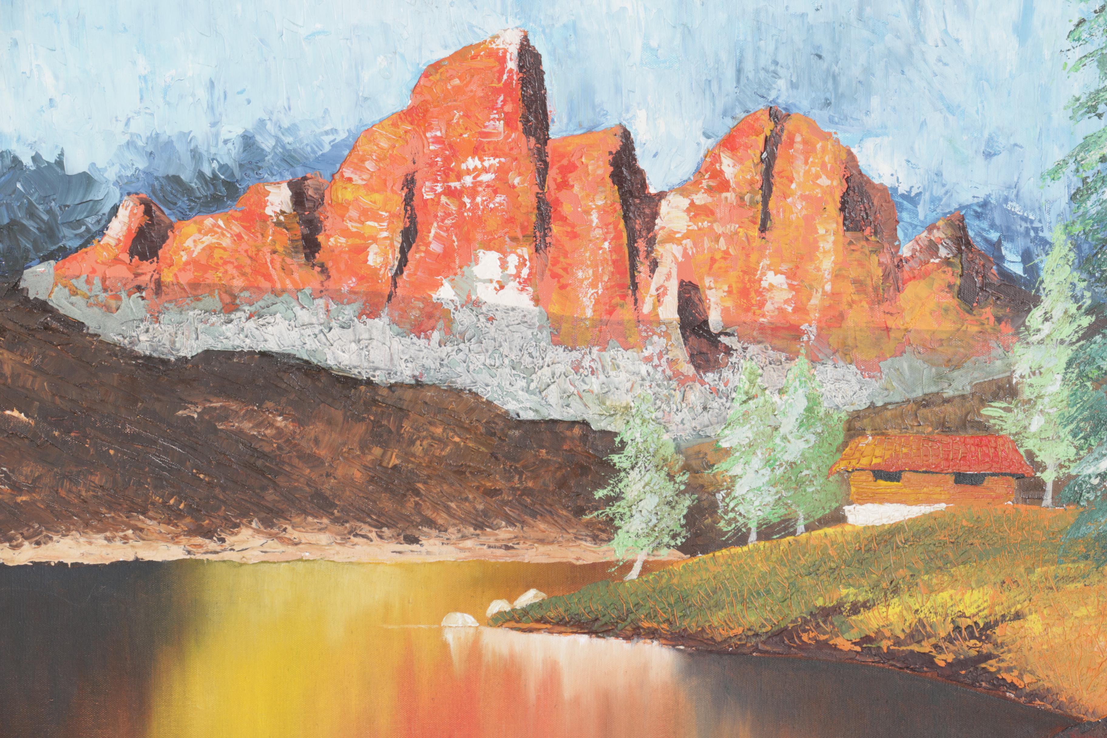 Robert Mullen Oil on Canvas Landscape of Mountain Cabin