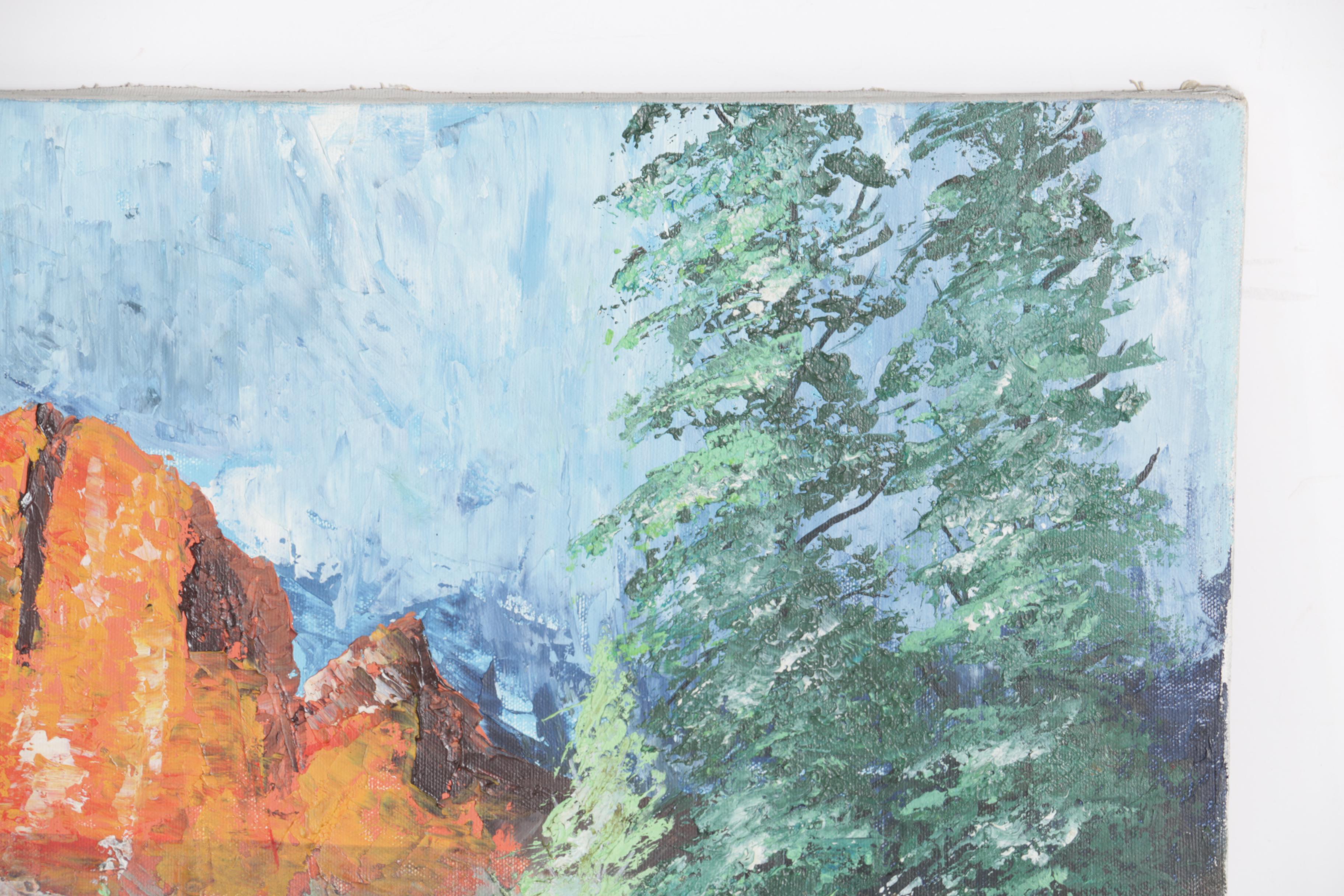 Robert Mullen Oil on Canvas Landscape of Mountain Cabin