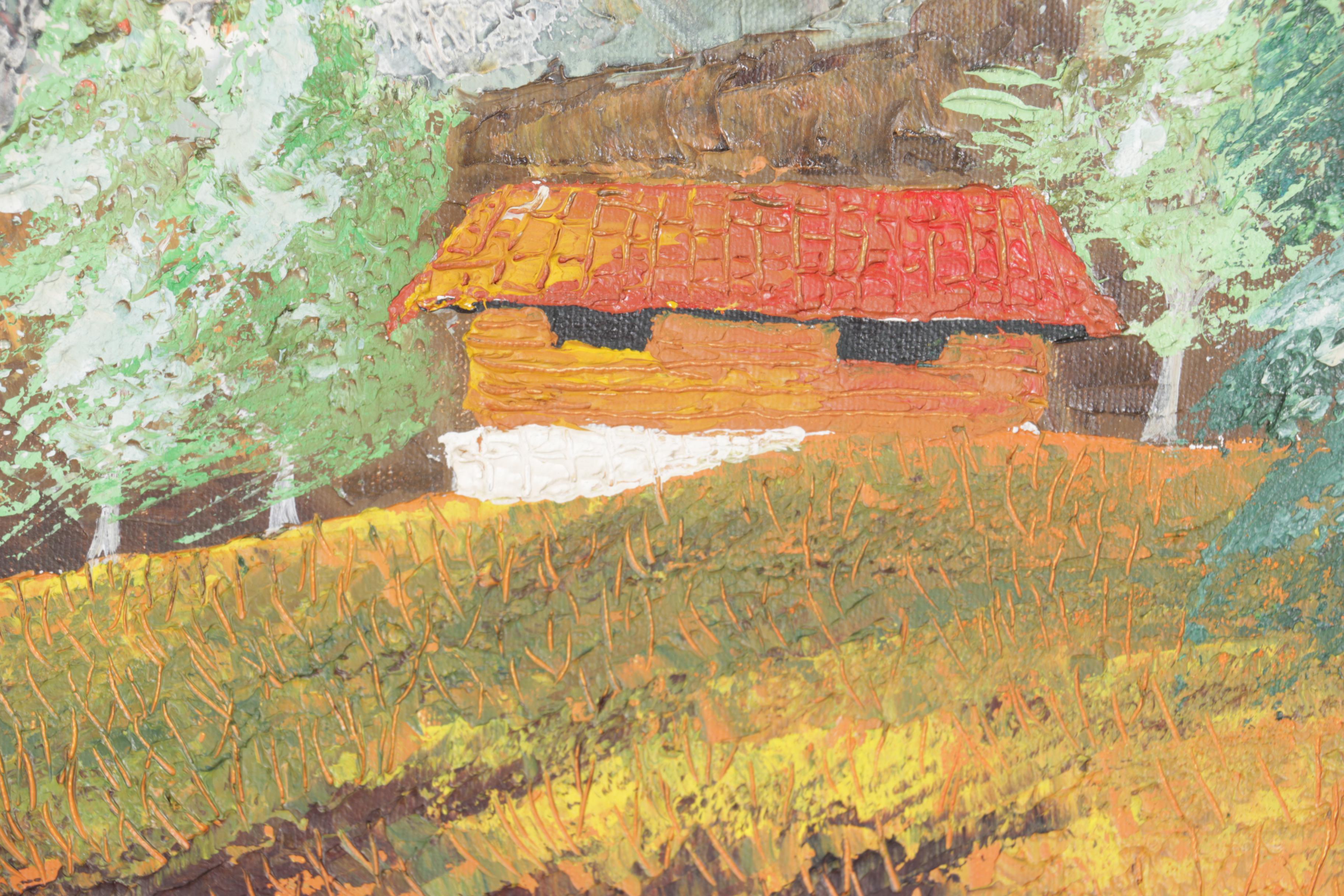 Robert Mullen Oil on Canvas Landscape of Mountain Cabin