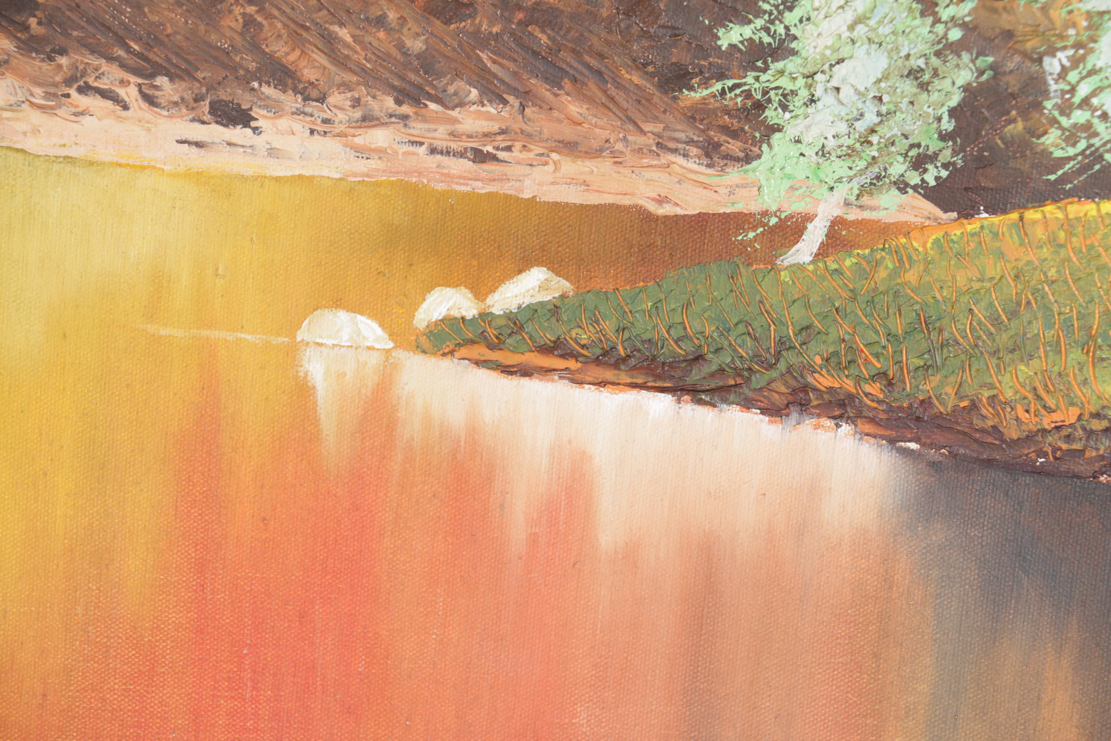 Robert Mullen Oil on Canvas Landscape of Mountain Cabin