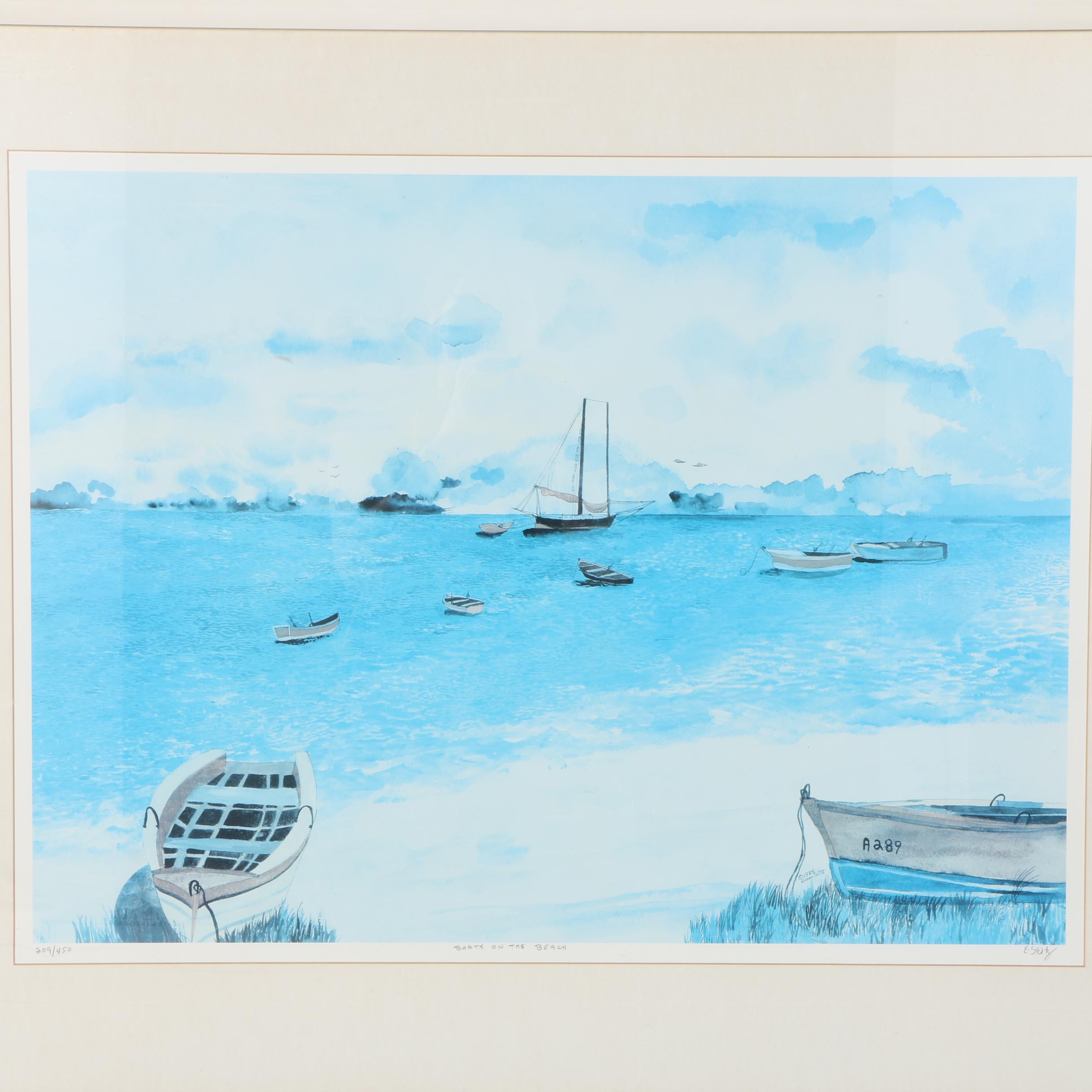Eileen Seitz Limited Edition Offset Lithograph on Paper "Boats on the Beach"
