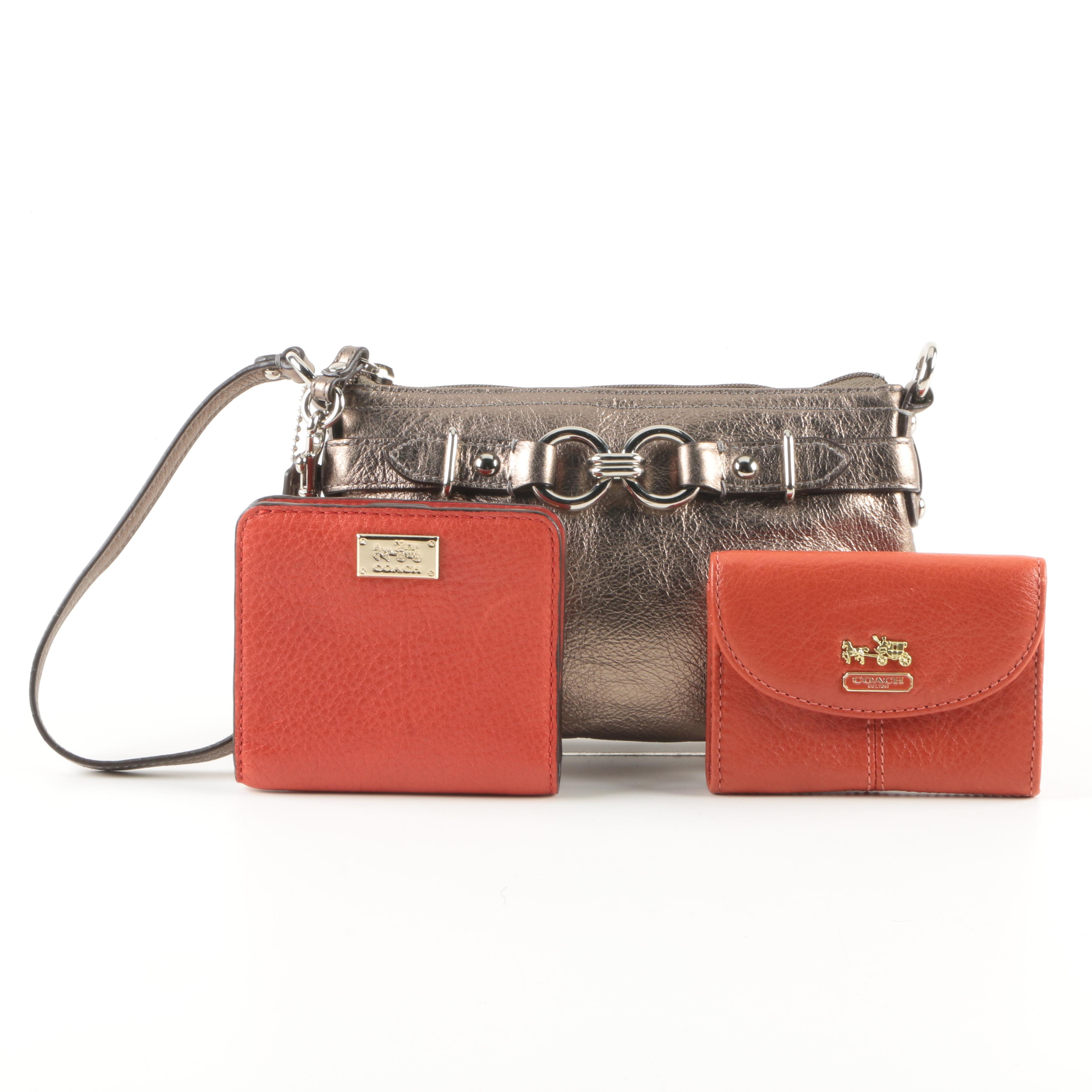 Coach Pewter Convertible Clutch and Coral Wallets