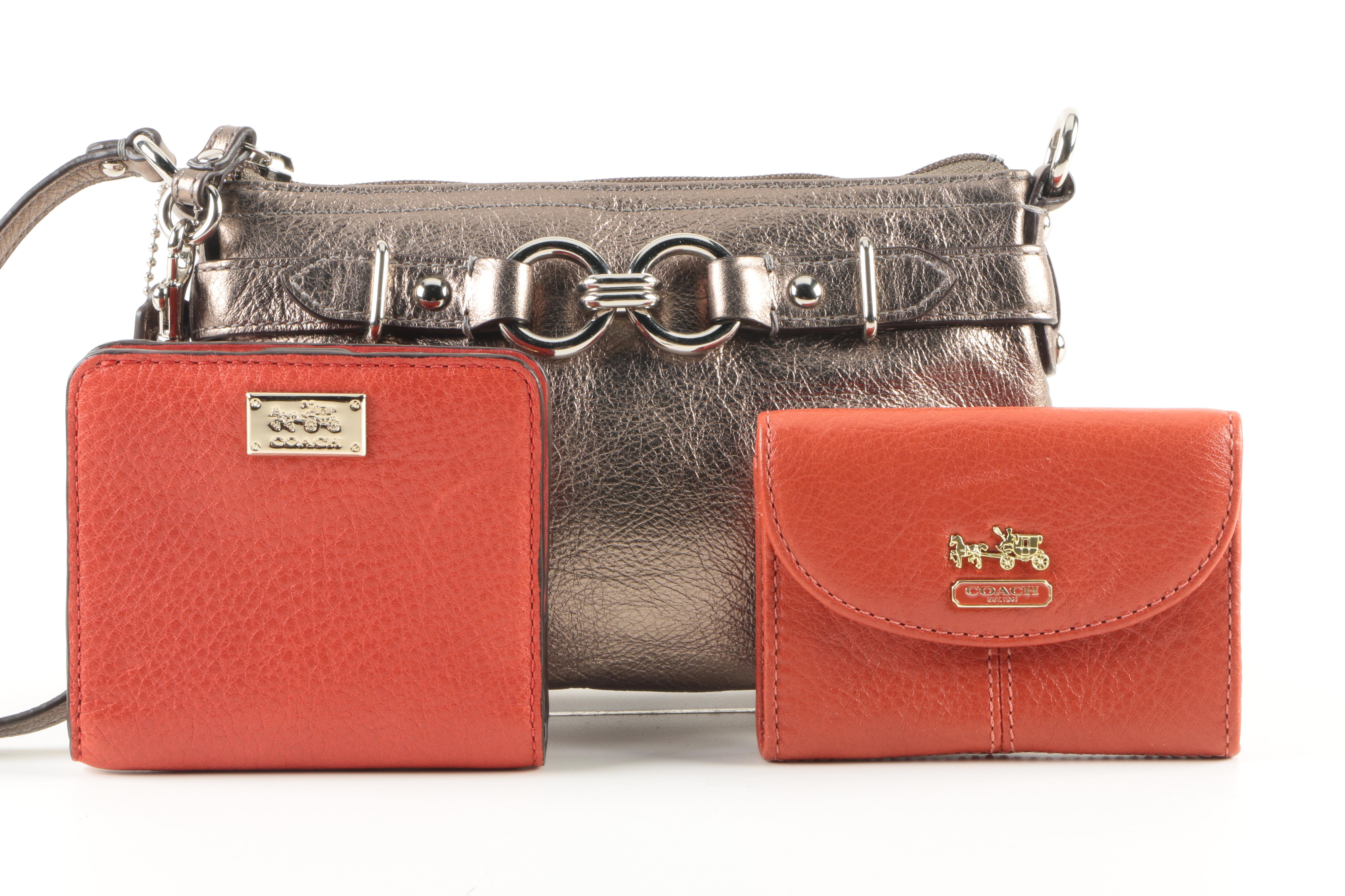 Coach Pewter Convertible Clutch and Coral Wallets