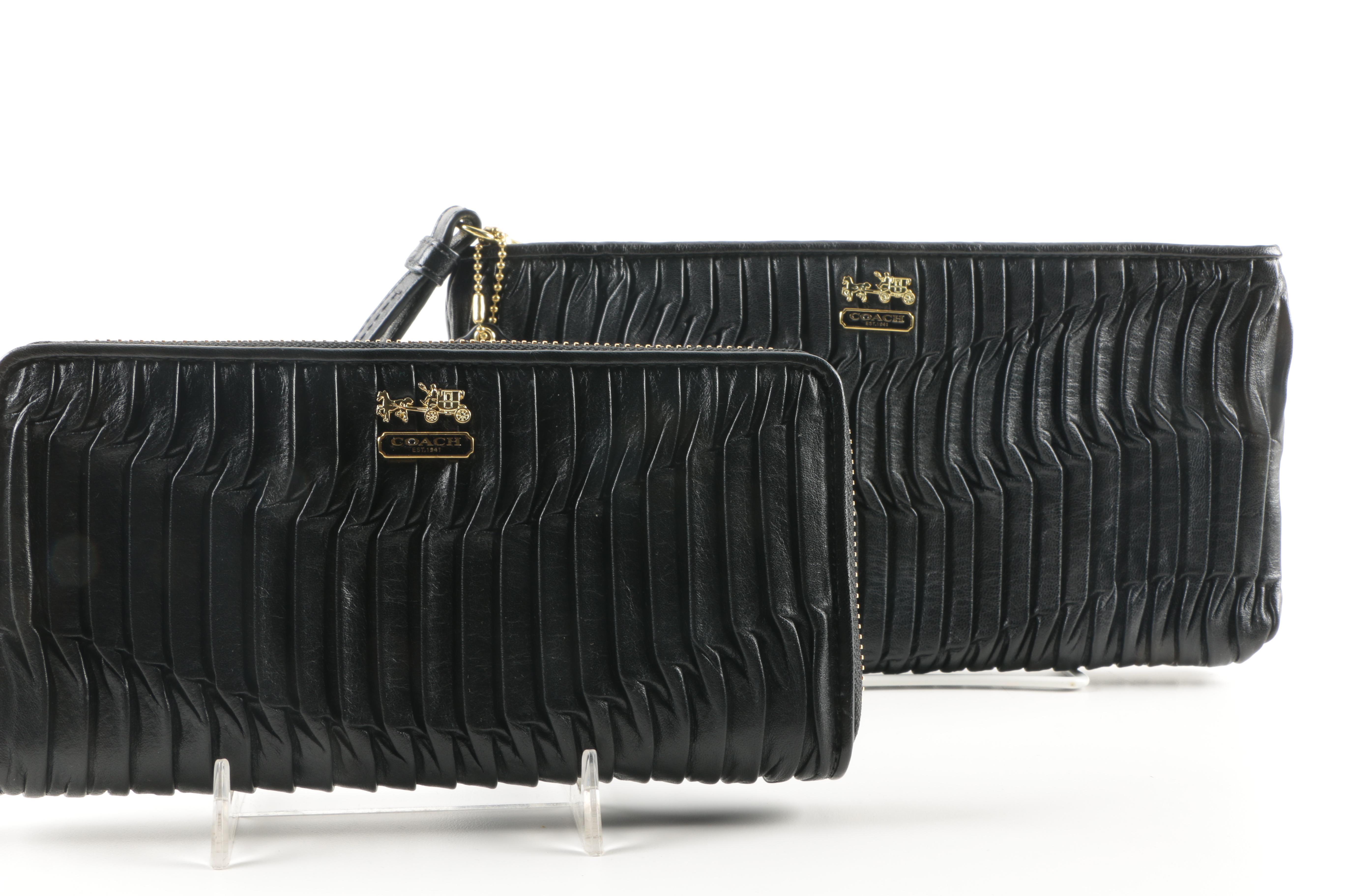 Coach Black Rouched Leather Wristlet and Zippered Wallet