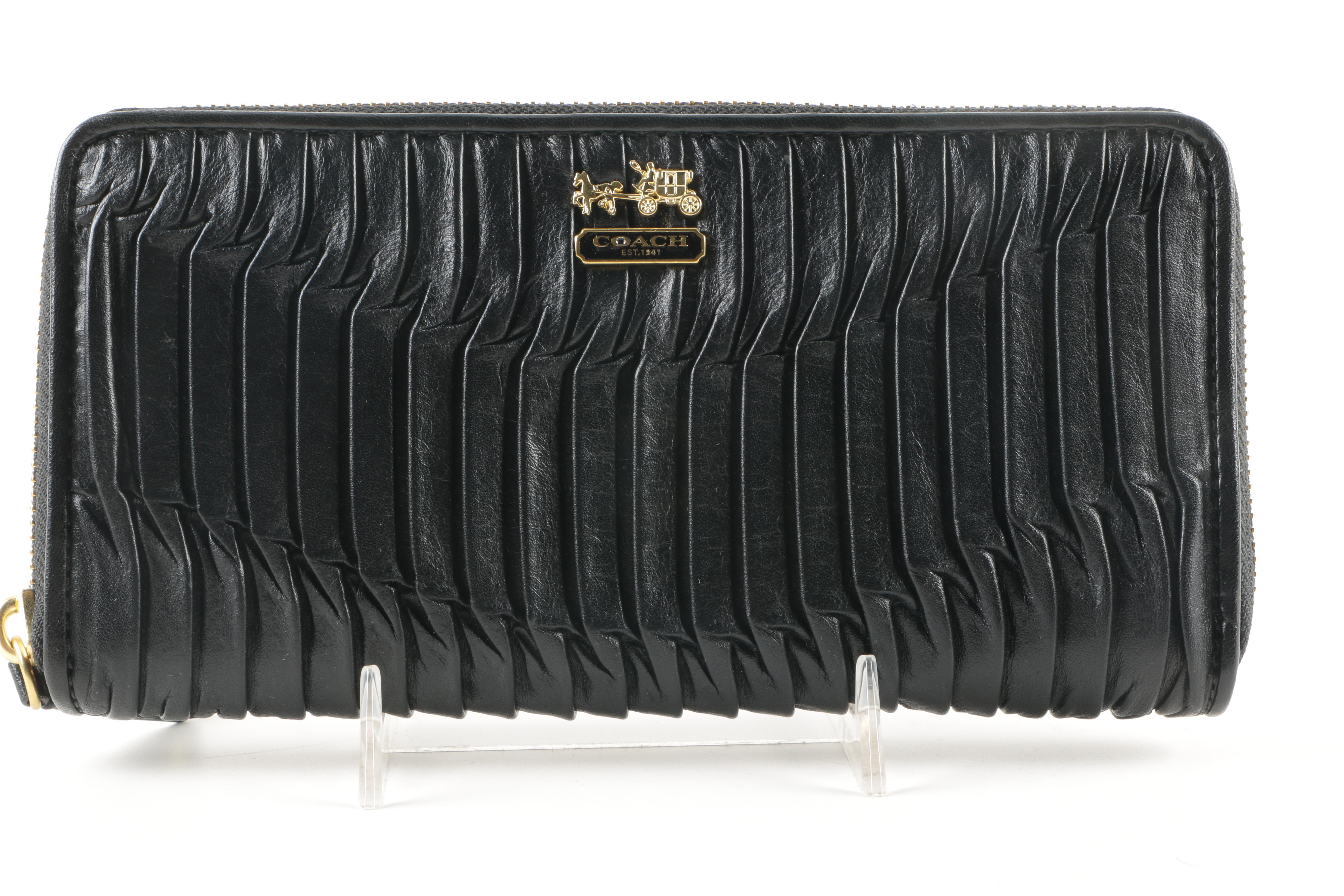 Coach Black Rouched Leather Wristlet and Zippered Wallet