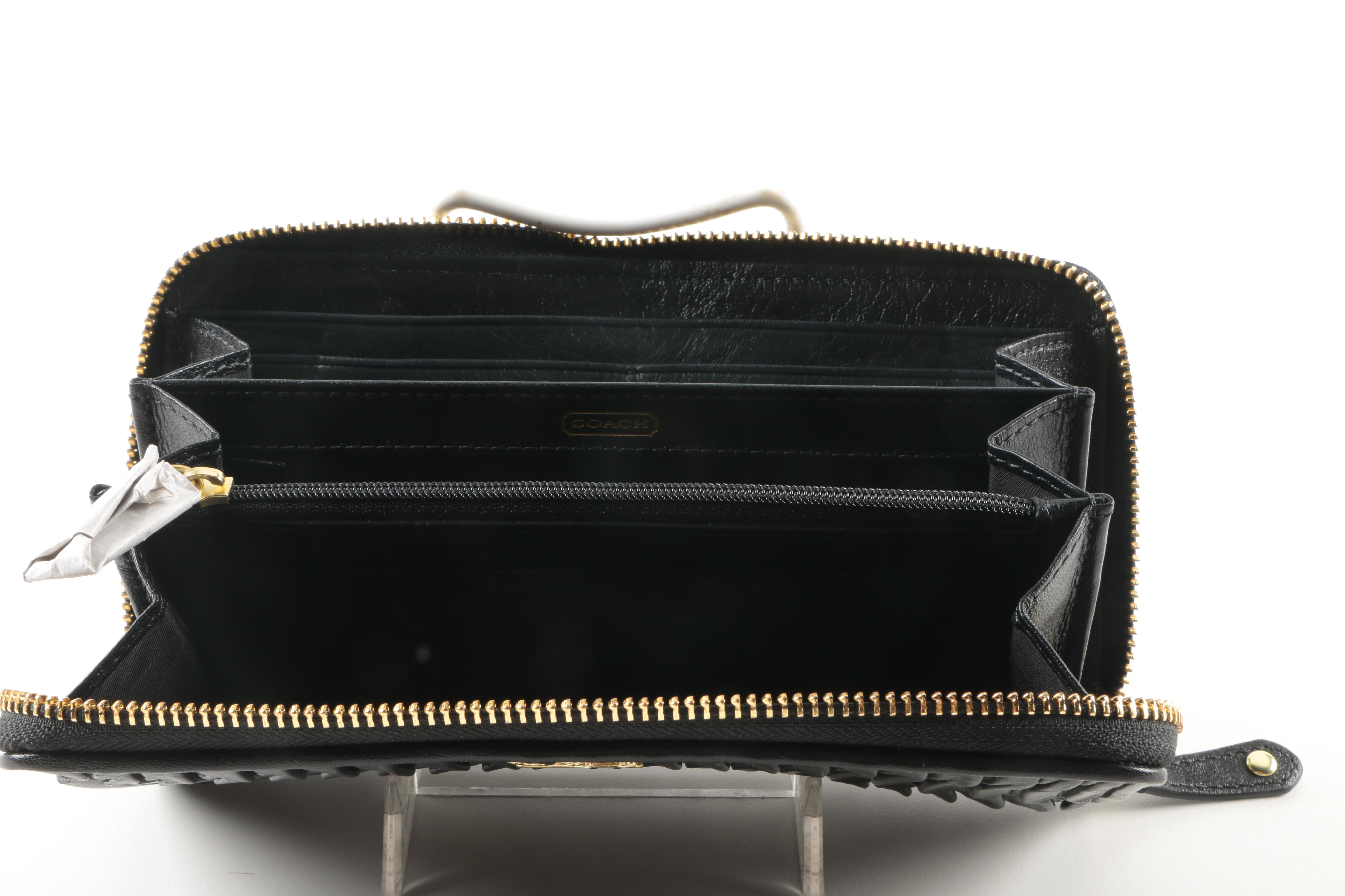 Coach Black Rouched Leather Wristlet and Zippered Wallet