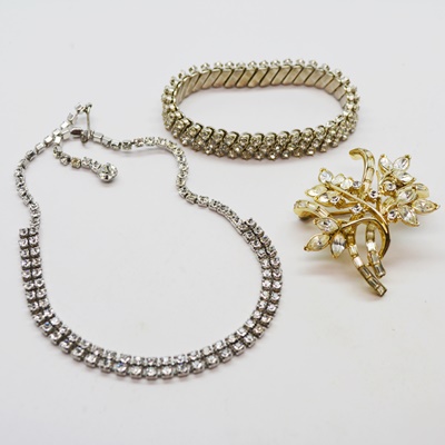 Rhinestone Choker, Bracelet and Floral Brooch
