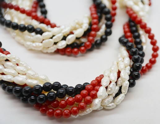 Sardonyx, Freshwater Pearl and Onyx Torsade Necklace With 14K Yellow Gold Clasp