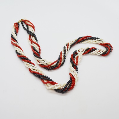 Sardonyx, Freshwater Pearl and Onyx Torsade Necklace With 14K Yellow Gold Clasp