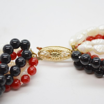 Sardonyx, Freshwater Pearl and Onyx Torsade Necklace With 14K Yellow Gold Clasp